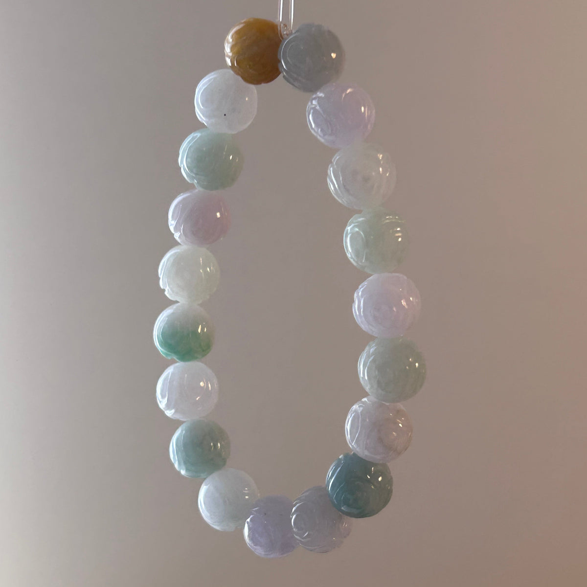 Carved lotus multi-colour Burmese jadeite bead bracelet - Luxe Jadeite