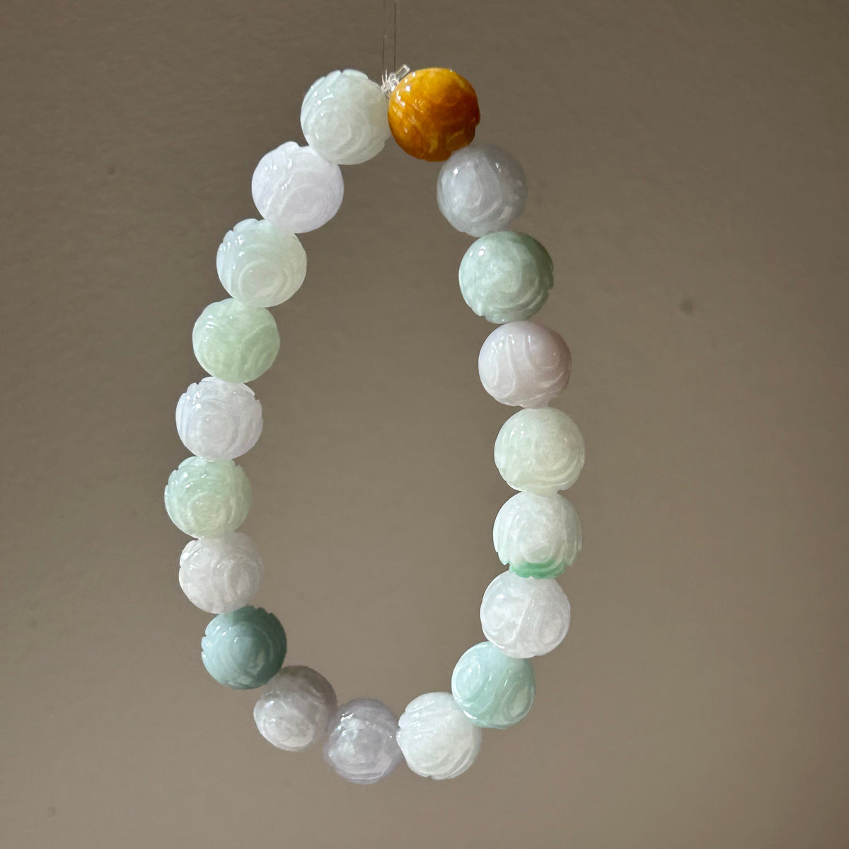 Carved lotus multi-colour Burmese jadeite bead bracelet - Luxe Jadeite