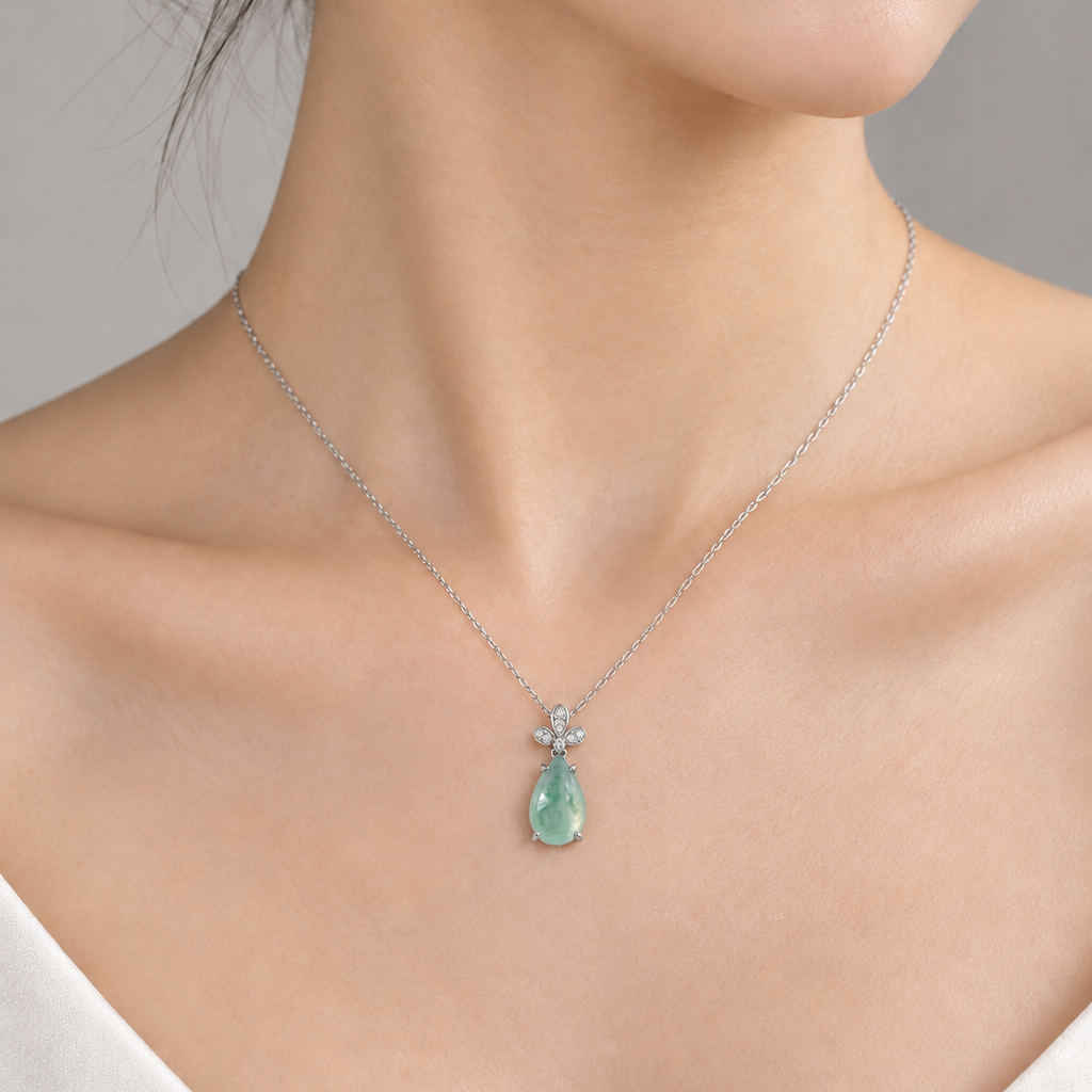 Floating Green Teardrop Pendant, Sterling Silver, photo 1 - Luxe Jadeite