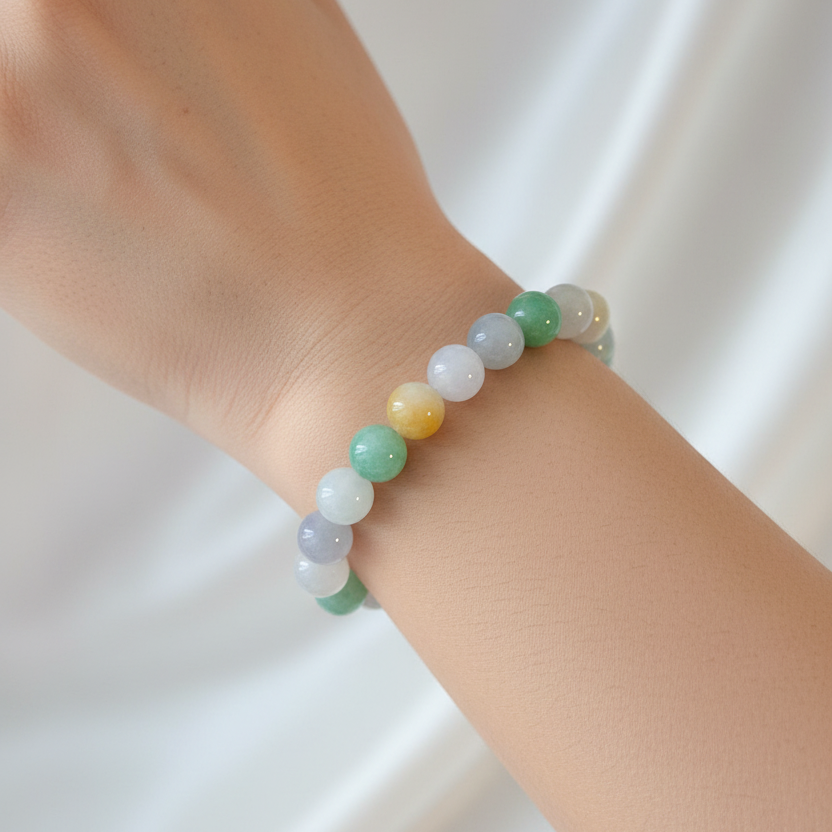 Vibrant macaron-colour Burmese jadeite bead bracelet - Luxe Jadeite