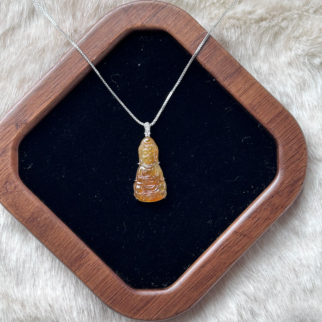 Icy Natural Huang Fei Buddha Pendant, 18k Gold, photo 5 - Luxe Jadeite