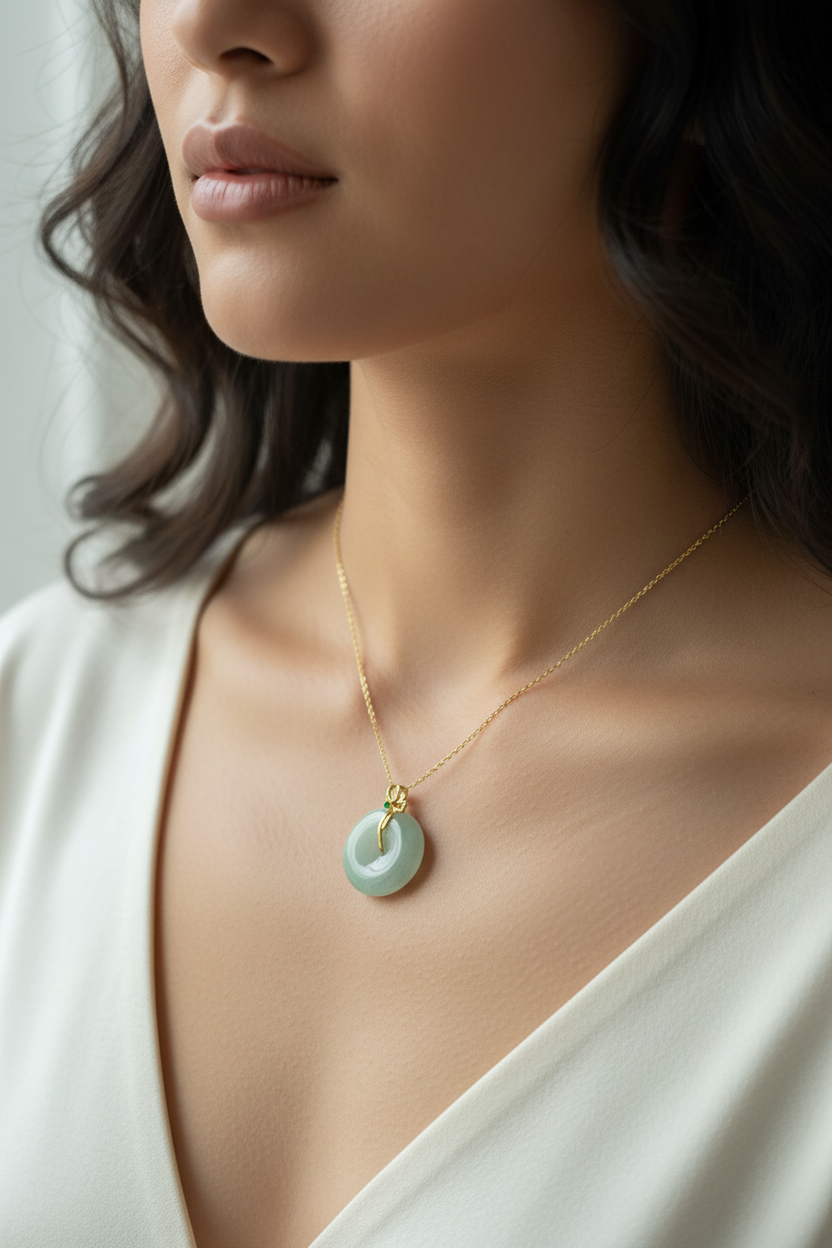 Apple green ping an kou jadeite pendant in 18k gold - Luxe Jadeite