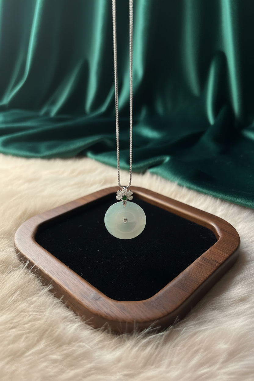 Icy ping an kou jadeite pendant in 18k white gold with moissanite - Luxe Jadeite