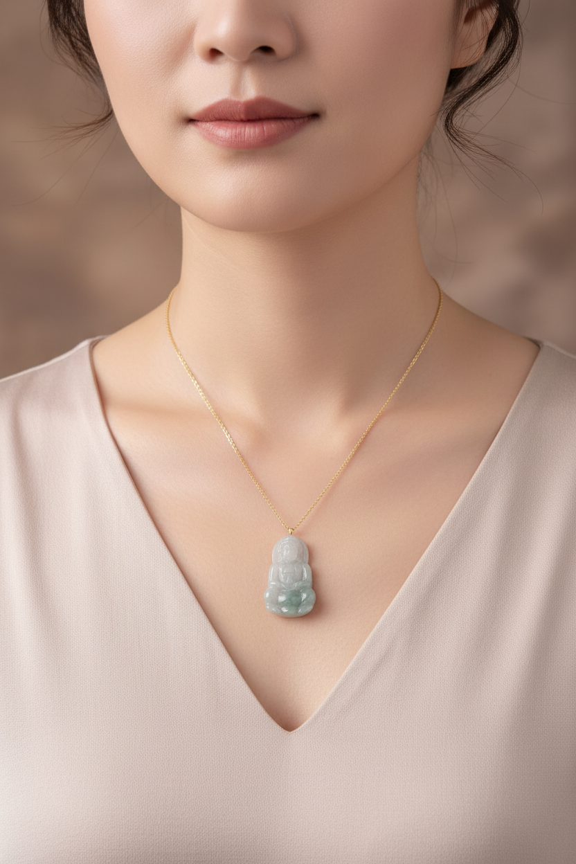 Floating green jade Guanyin (Goddess of Mercy) pendant in 18k gold - Luxe Jadeite