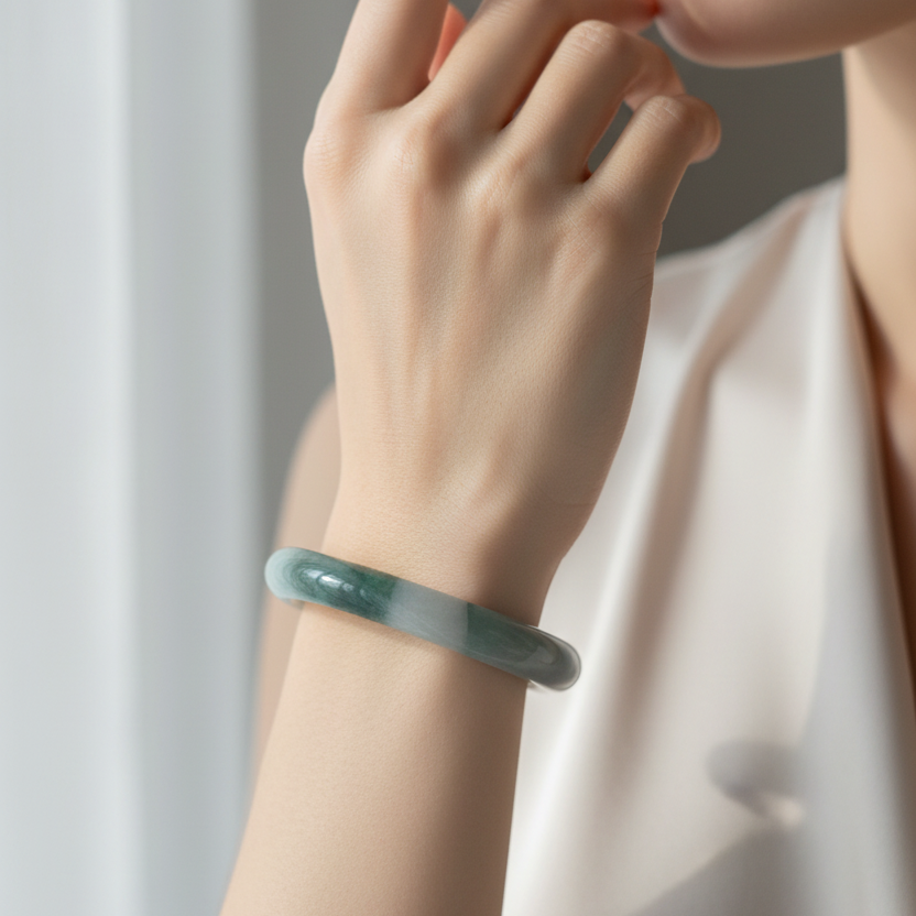 Floating green Burmese jadeite bangle with sa jin gold dust, 58.7mm - Luxe Jadeite