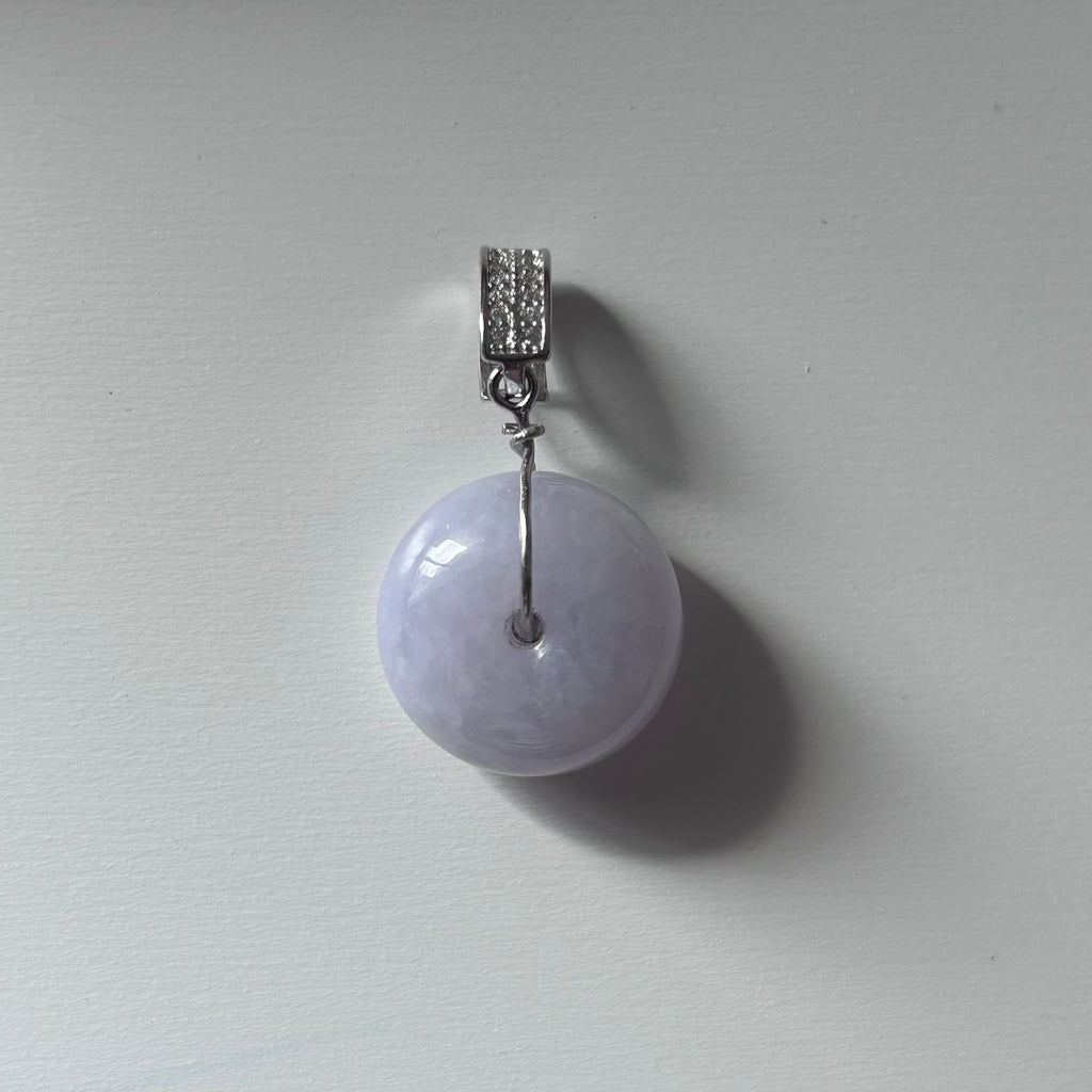Lavender Ping An Kou - Engraved Bail on Model, photo 6 - Luxe Jadeite