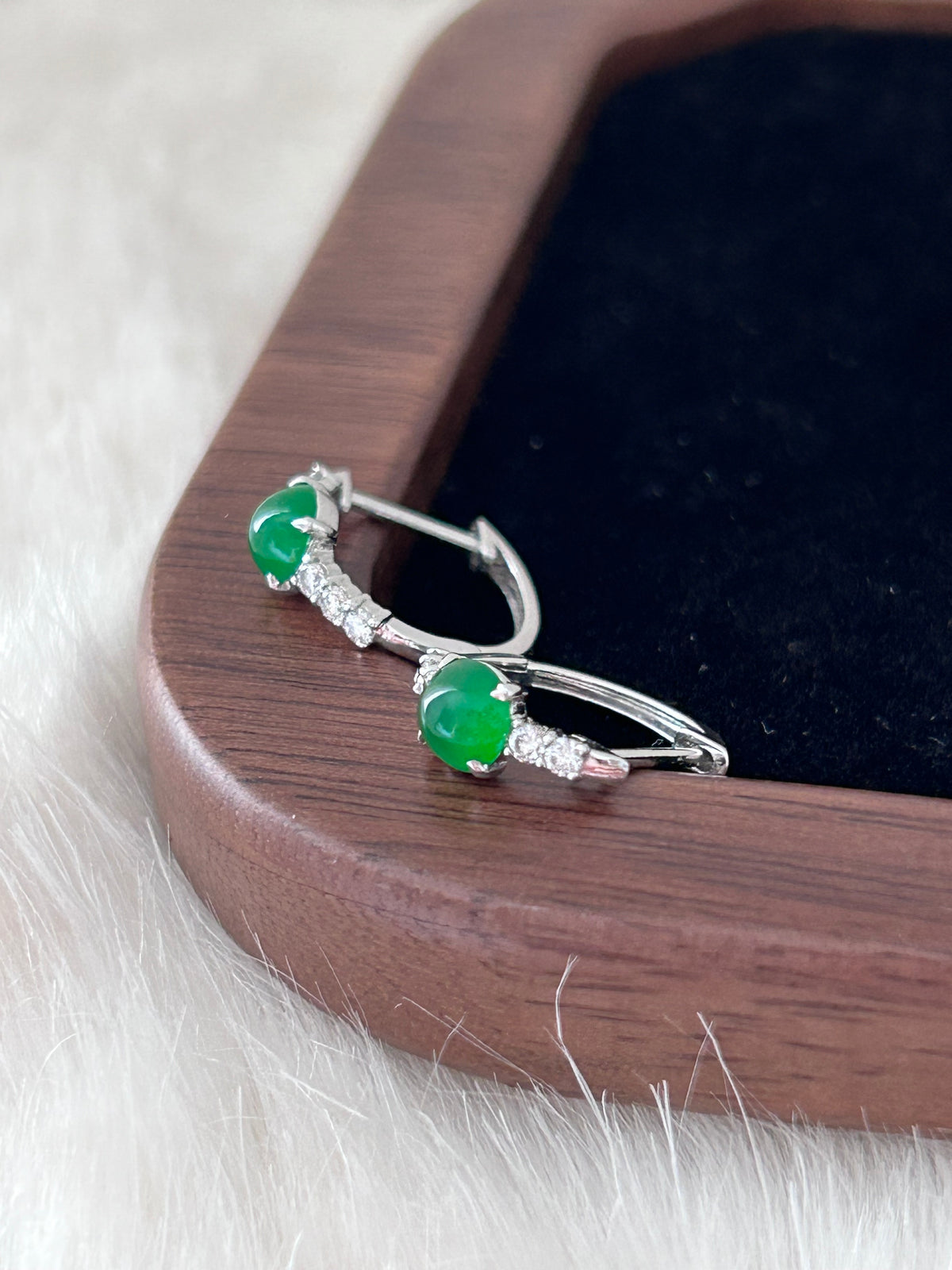 Bright pure green jade cabochon earrings in 18k white gold with diamonds - Luxe Jadeite