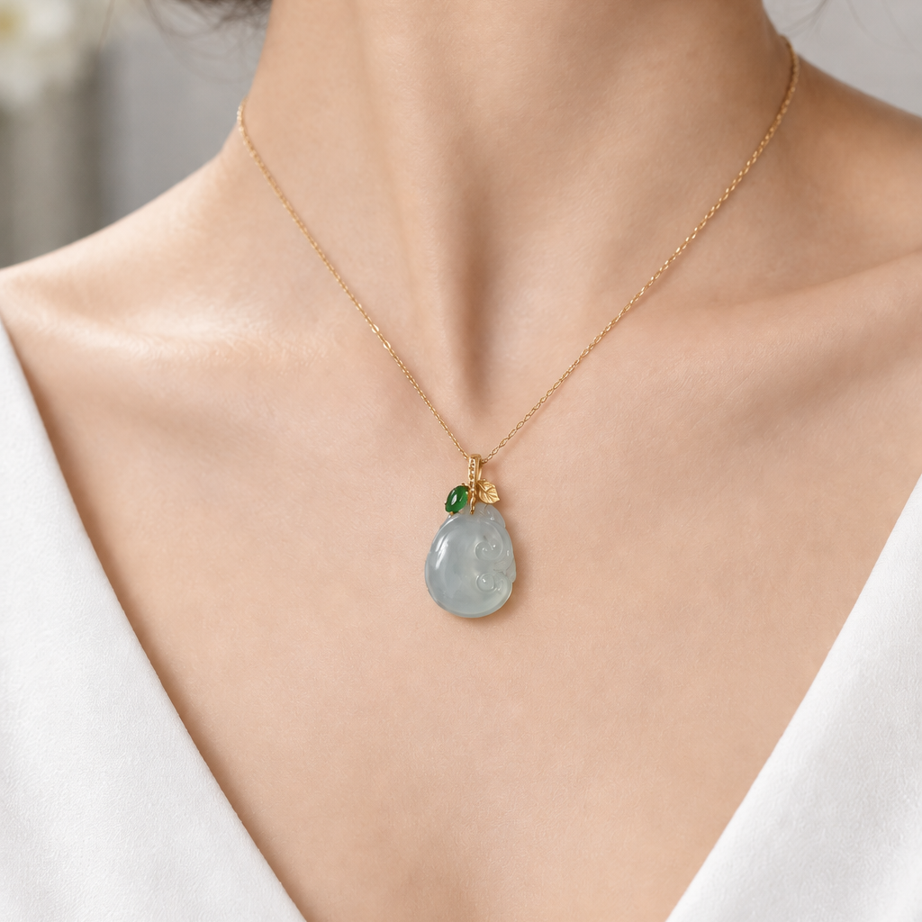 Icy Pale Green Ruyi Pendant, 18k Gold, photo 1 - Luxe Jadeite