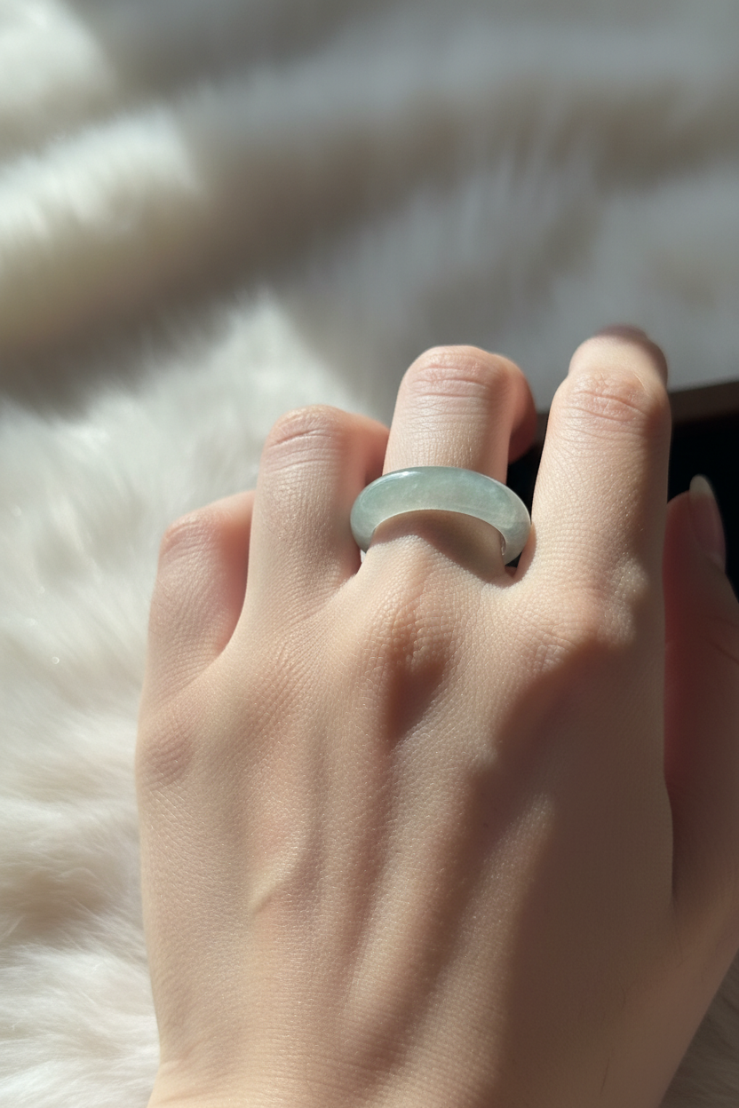 Icy white jadeite ring with lake green tinge - Luxe Jadeite