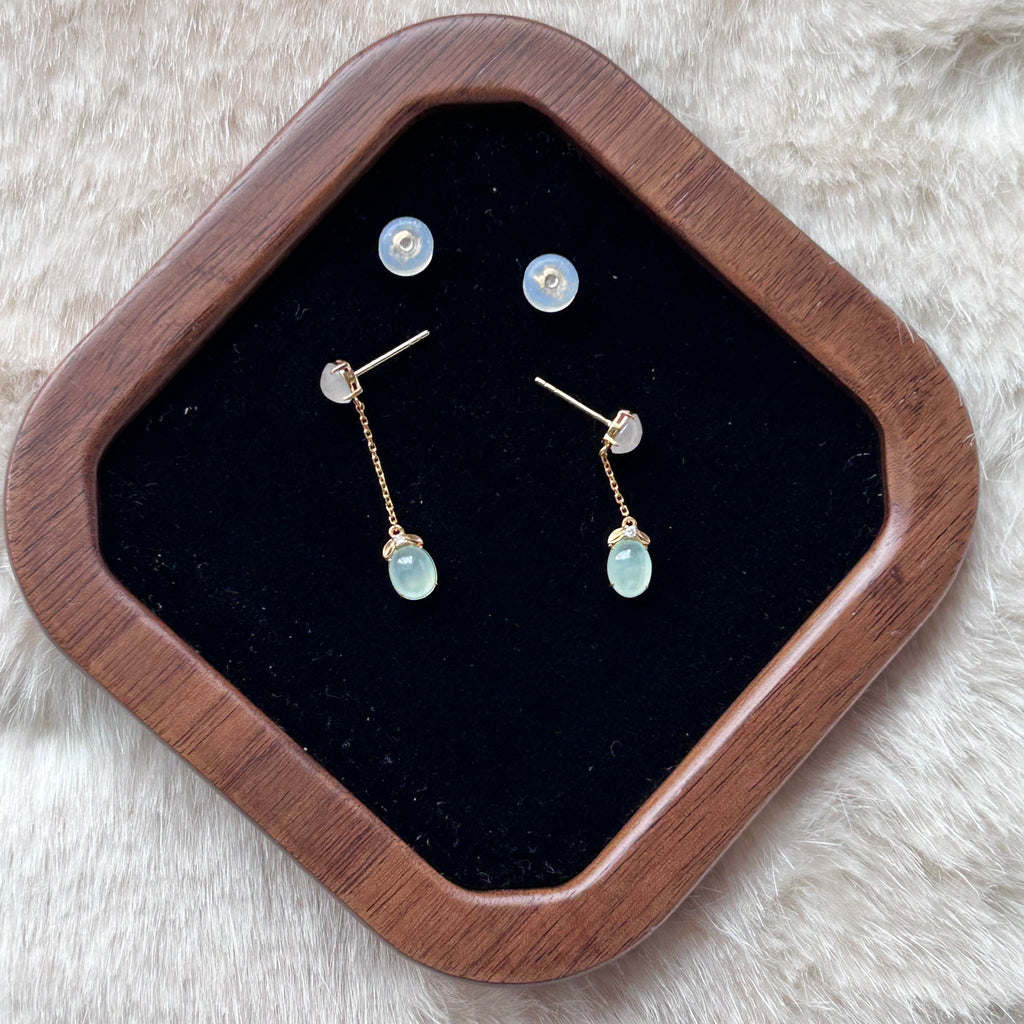 Clear and Lake Green Dangling Earrings, 18k Gold, photo 6 - Luxe Jadeite