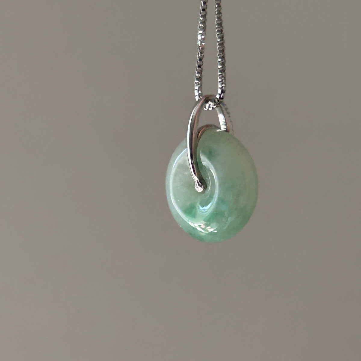 Floating Apple Green Ping An Kou Pendant, Sterling Silver, photo 8 - Luxe Jadeite