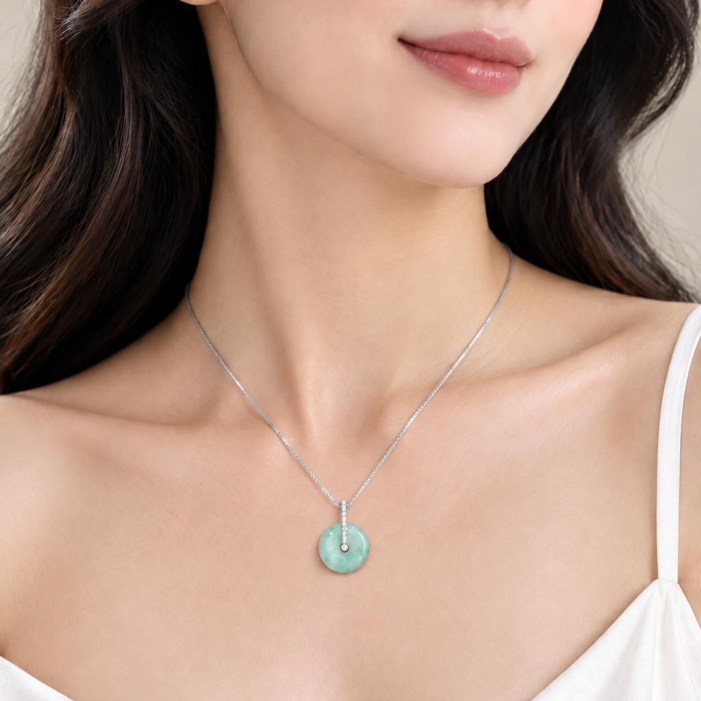 Floating Apple Green Ping An Kou Pendant, Sterling Silver, photo 1 - Luxe Jadeite
