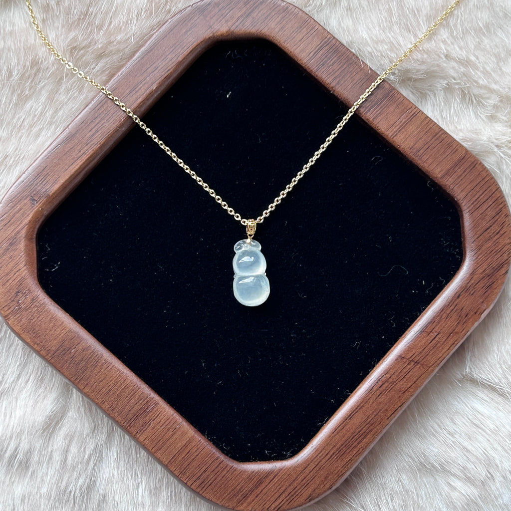 Glassy White Pale Green Mini Hulu Pendant, 18k Gold, photo 5 - Luxe Jadeite