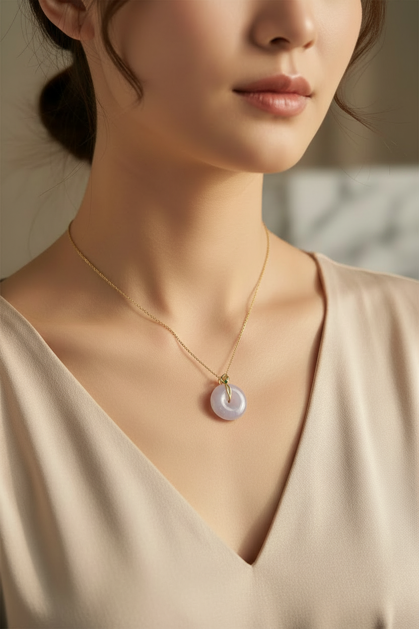 Sweet lavender jadeite ping an kou pendant in 18k gold - Luxe Jadeite