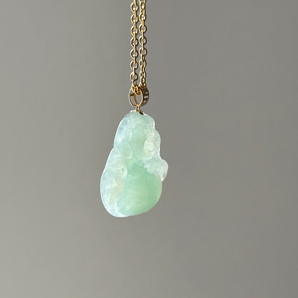 Apple Green Buddha Pendant - Lighter Colour on Model, photo 5 - Luxe Jadeite