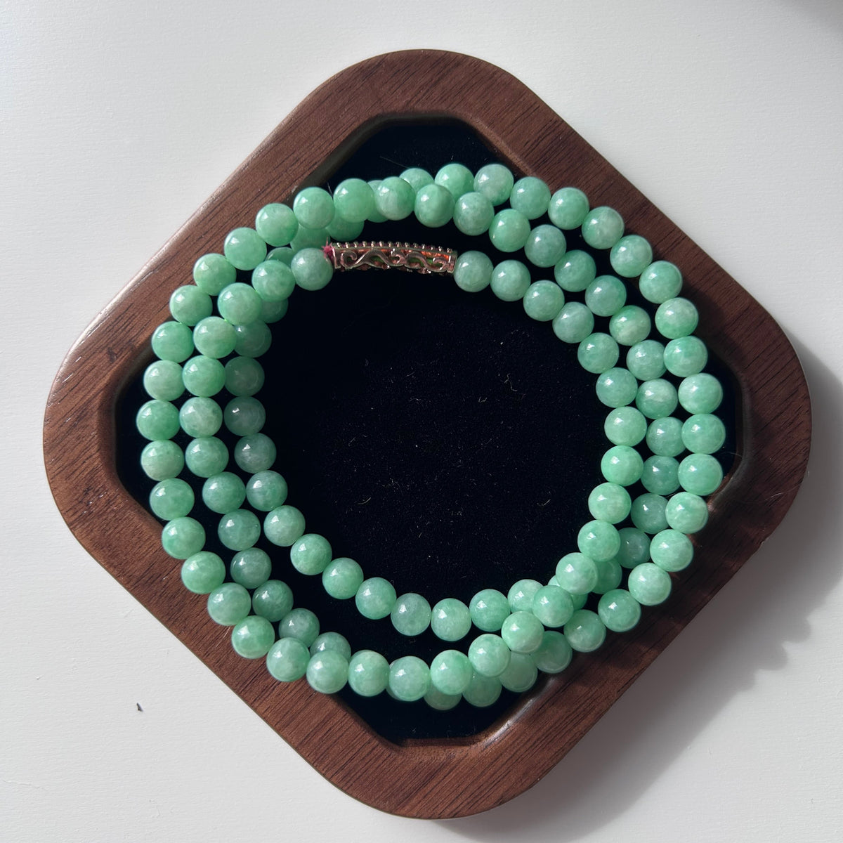Sweet apple green Burmese jadeite bead necklace, 60cm - Luxe Jadeite