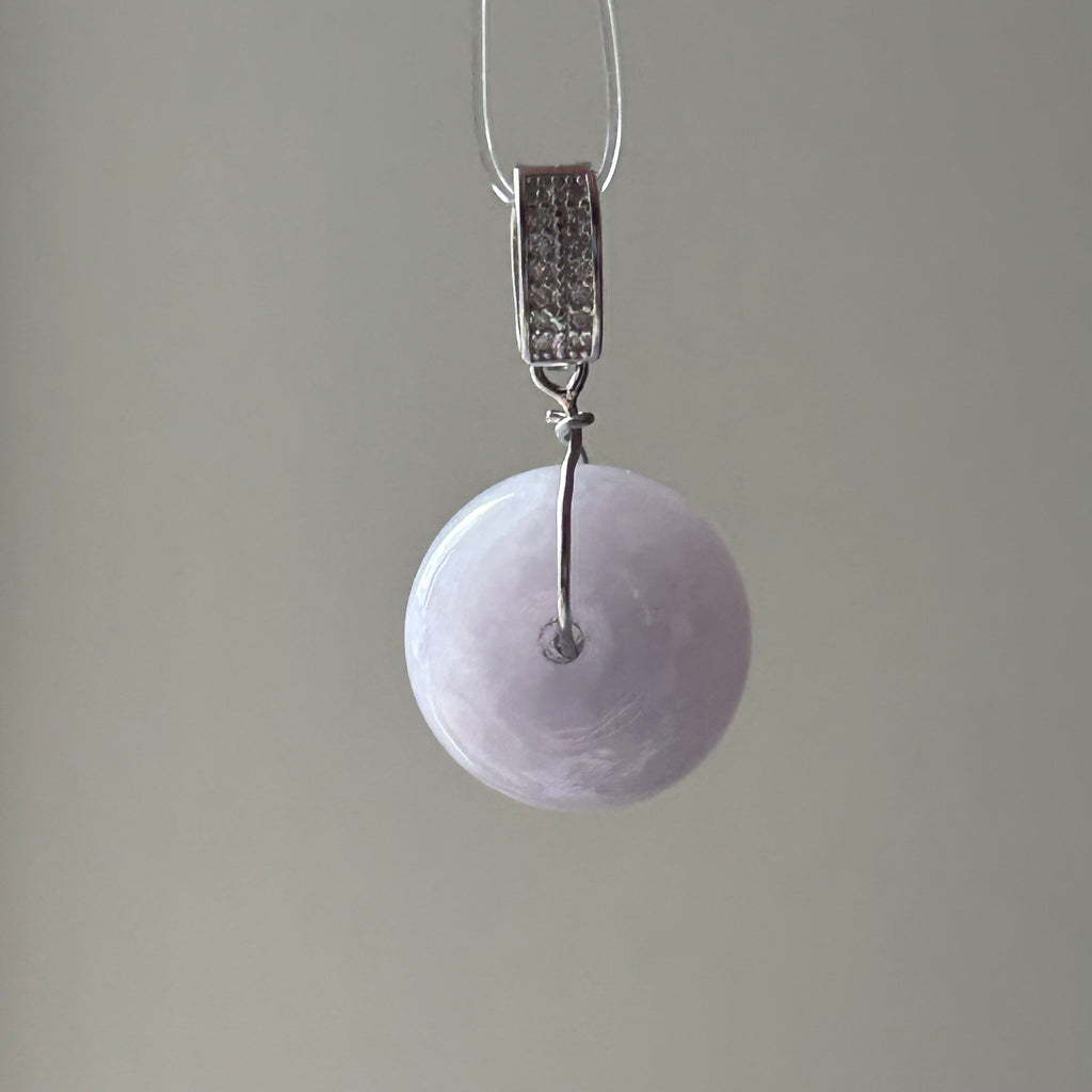 Lavender Ping An Kou - Engraved Bail on Model, photo 3 - Luxe Jadeite