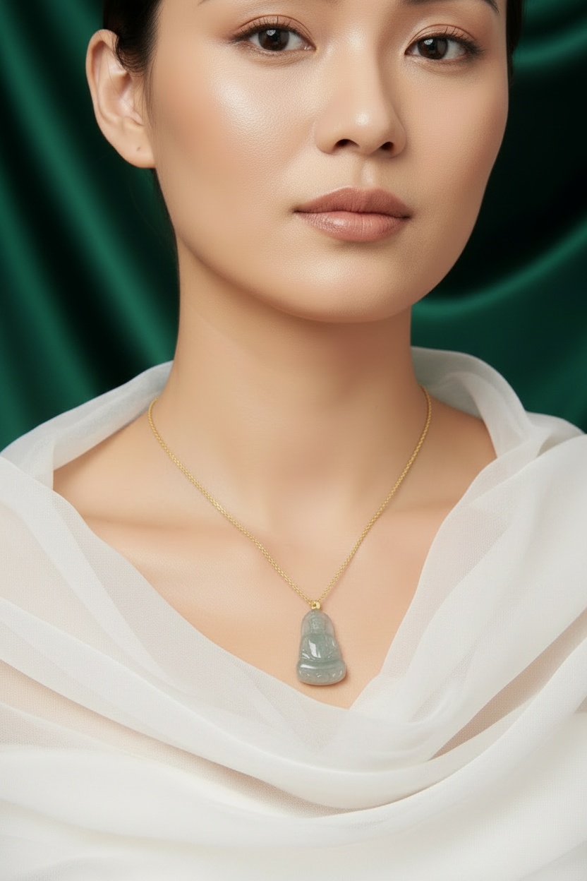 Icy jade Buddha pendant in 18k gold - Luxe Jadeite