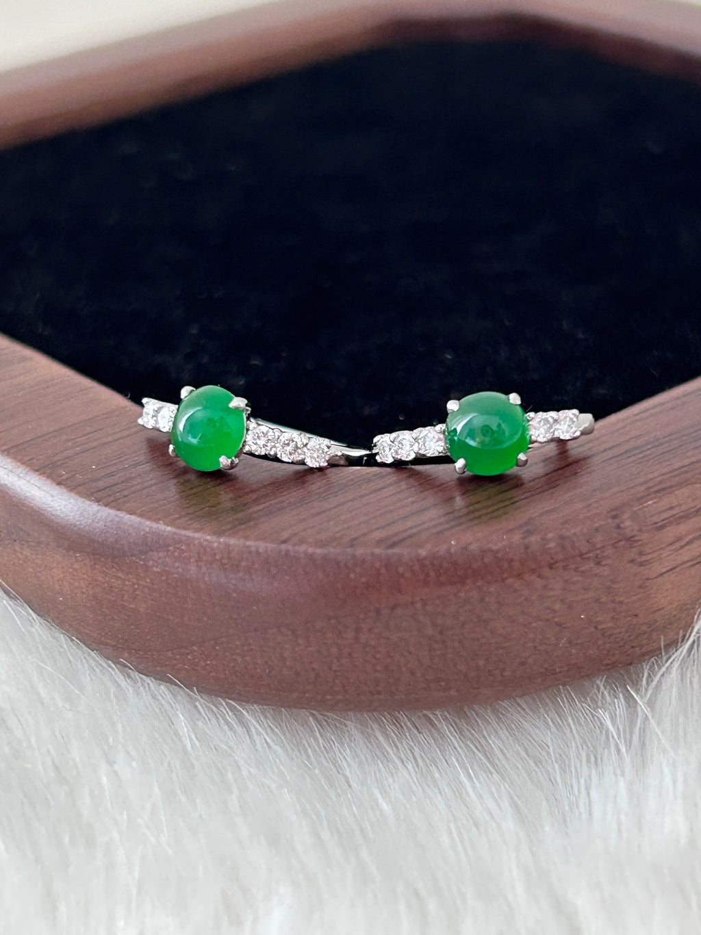 Bright pure green jade cabochon earrings in 18k white gold with diamonds - Luxe Jadeite