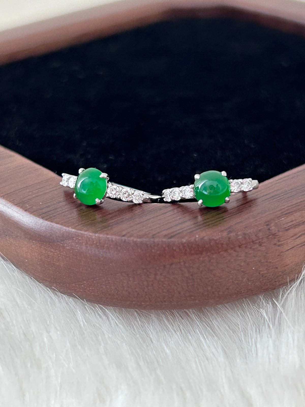 Bright pure green jade cabochon earrings in 18k white gold with diamonds - Luxe Jadeite