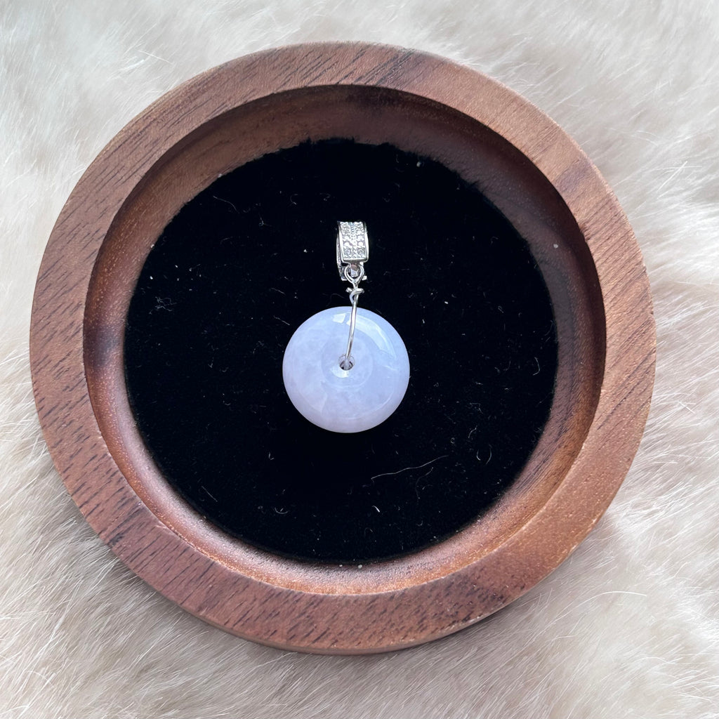 Lavender Ping An Kou - Engraved Bail on Model, photo 5 - Luxe Jadeite