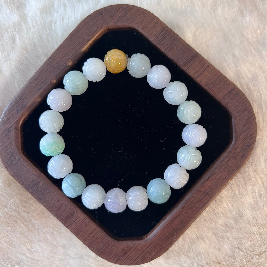 Carved lotus multi-colour Burmese jadeite bead bracelet - Luxe Jadeite