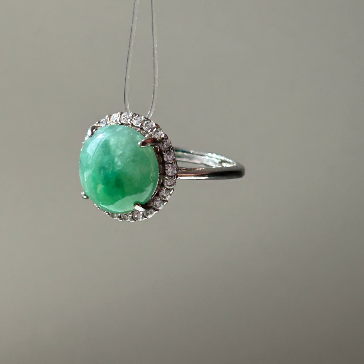 Apple green Burmese jade cabochon ring in sterling silver with moissanite - Luxe Jadeite