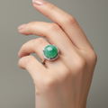 Apple green Burmese jade cabochon ring in sterling silver with moissanite - Luxe Jadeite