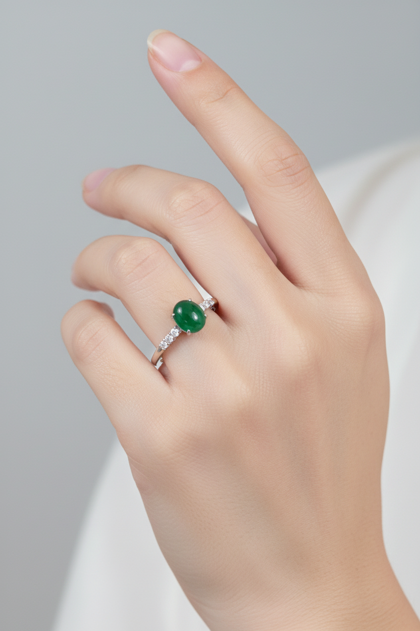 Imperial green jade cabochon ring in 18k white gold with diamonds - Luxe Jadeite