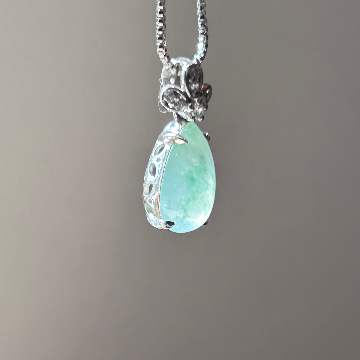 Floating Green Teardrop Pendant, Sterling Silver, photo 5 - Luxe Jadeite