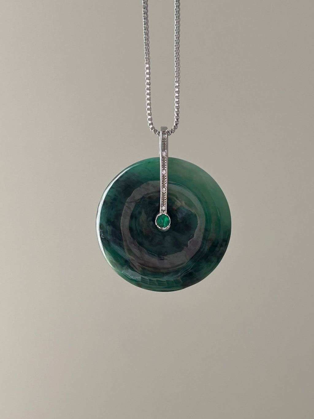 Deep green jadeite ping an kou pendant with floating wuji in sterling silver - Luxe Jadeite