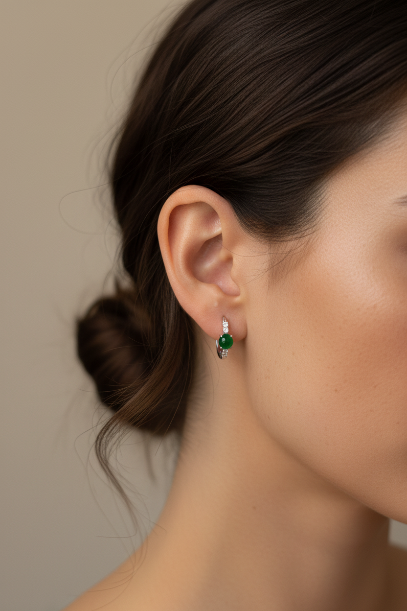 Bright pure green jade cabochon earrings in 18k white gold with diamonds - Luxe Jadeite