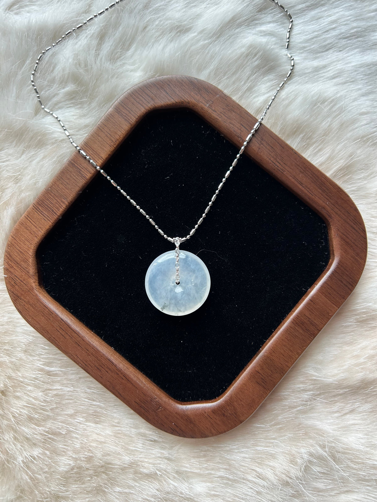 Icy white jadeite ping an kou pendant with floating wuji in 18k gold - Luxe Jadeite