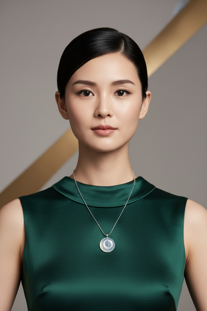 Icy white jadeite ping an kou pendant with floating wuji in 18k gold - Luxe Jadeite