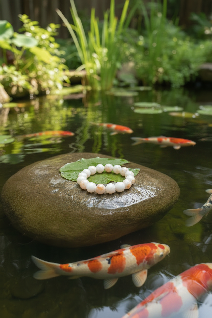 Koi fish carved Burmese jadeite bead bracelet - Luxe Jadeite