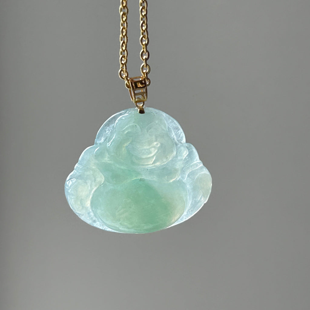 Apple Green Buddha Pendant - Lighter Colour on Model, photo 3 - Luxe Jadeite