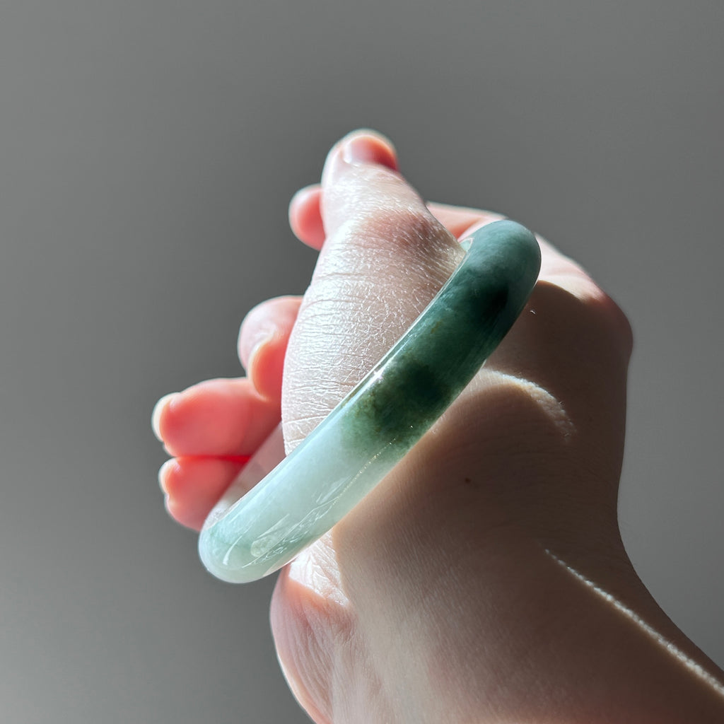 Floating green Burmese jadeite bangle with sa jin gold dust, 58.7mm, photo 4 - Luxe Jadeite
