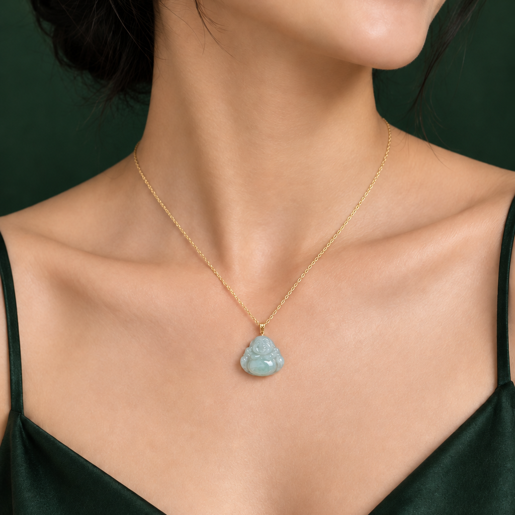 Apple Green Buddha Pendant - Lighter Colour on Model