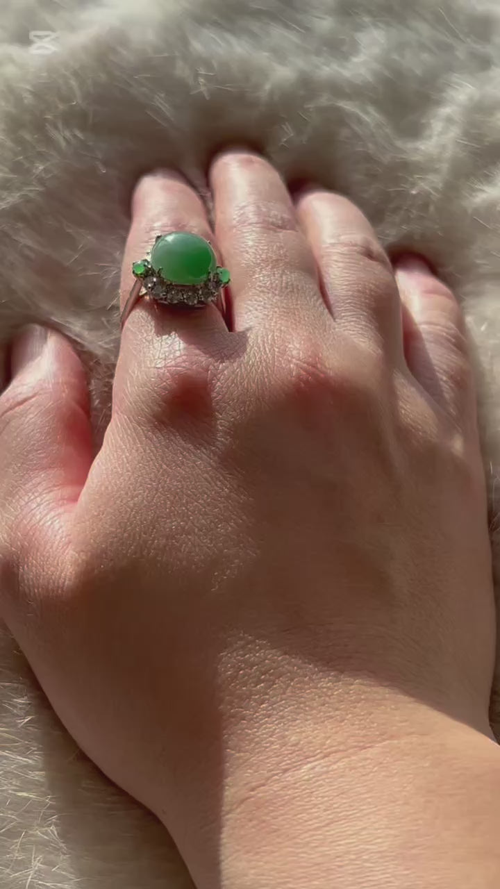 Apple green jade cabochon ring in sterling silver with moissanite, video 2 - Luxe Jadeite