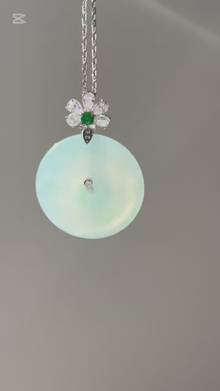 Icy ping an kou jadeite pendant in 18k white gold with moissanite, video 2 - Luxe Jadeite