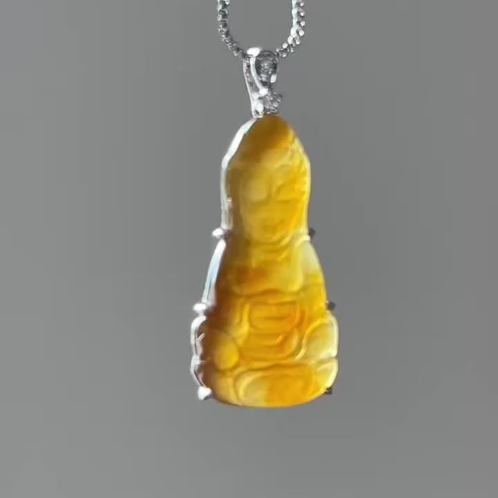 Icy Natural Huang Fei Buddha Pendant, 18k Gold, video 2 - Luxe Jadeite