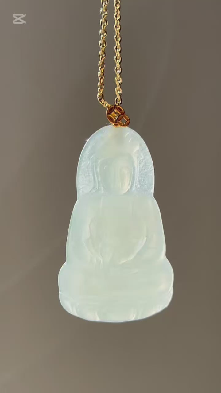 Jelly white jade Guanyin (Goddess of Mercy) pendant in 18k gold, video 2 - Luxe Jadeite