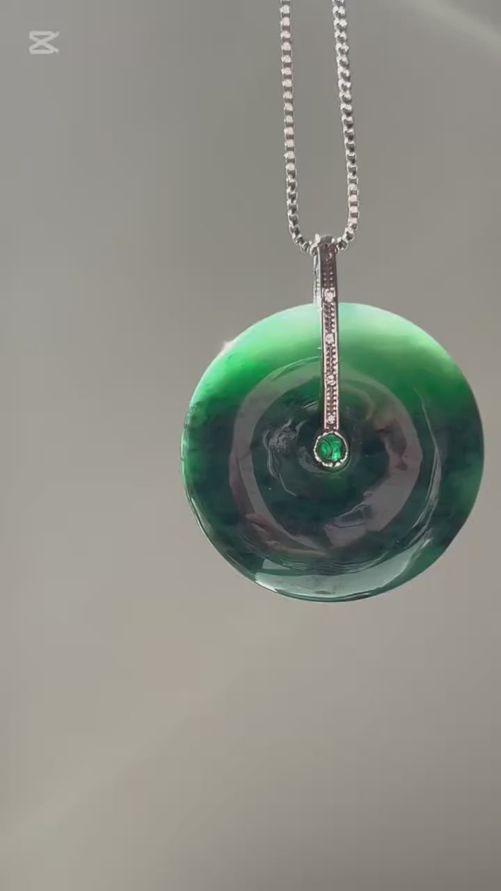Deep green jadeite ping an kou pendant with floating wuji in sterling silver, video 2 - Luxe Jadeite