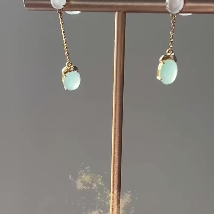 Clear and Lake Green Dangling Earrings, 18k Gold, video 2 - Luxe Jadeite
