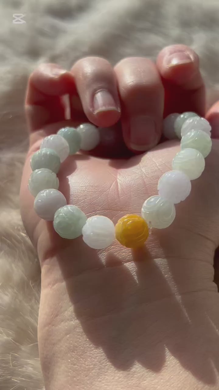 Carved lotus multi-colour Burmese jadeite bead bracelet, video 2 - Luxe Jadeite