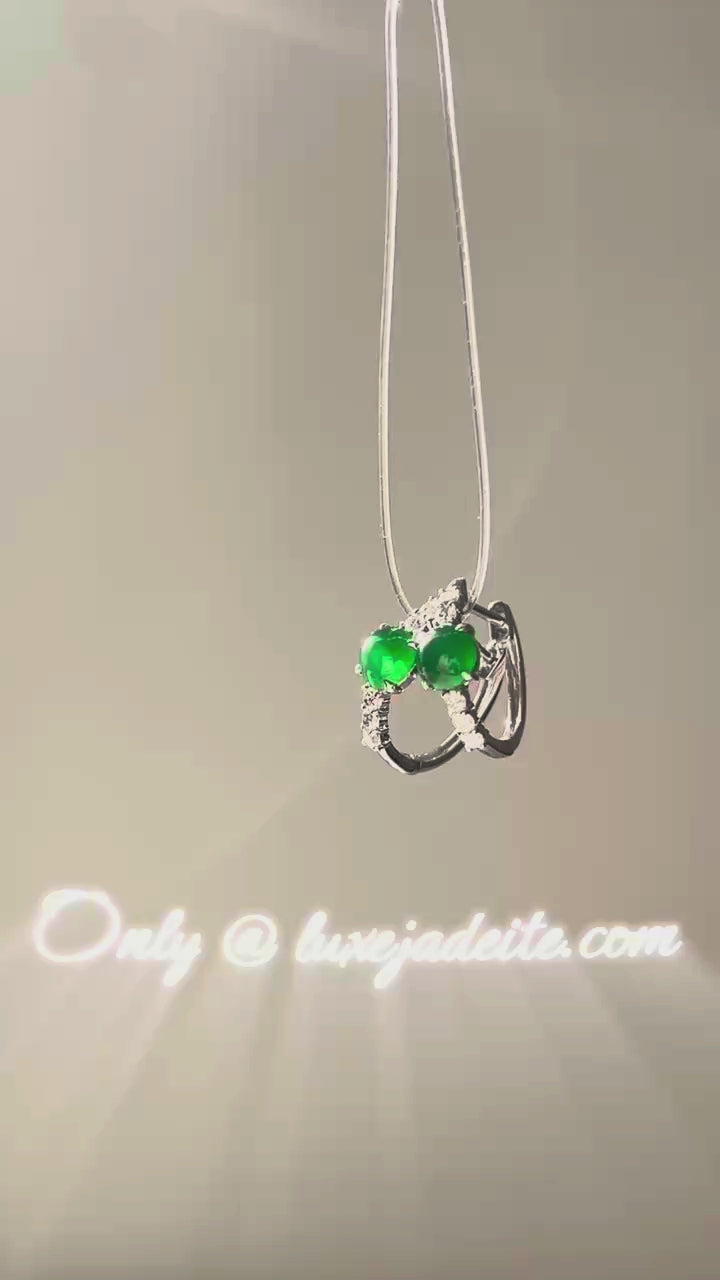 Bright pure green jade cabochon earrings in 18k white gold with diamonds, video 2 - Luxe Jadeite