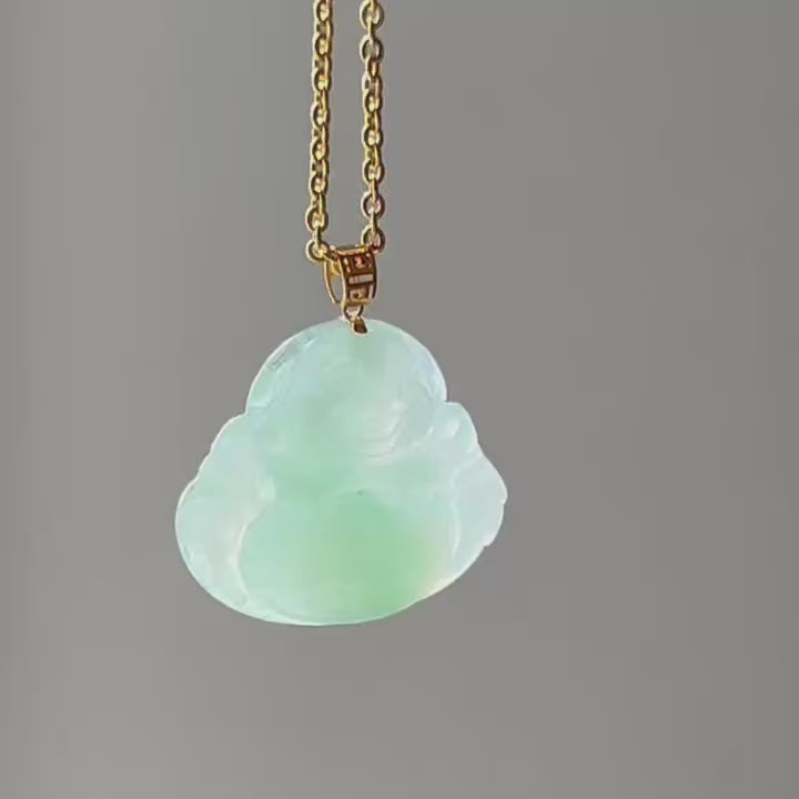 Apple Green Buddha Pendant - Lighter Colour on Model, video 2 - Luxe Jadeite
