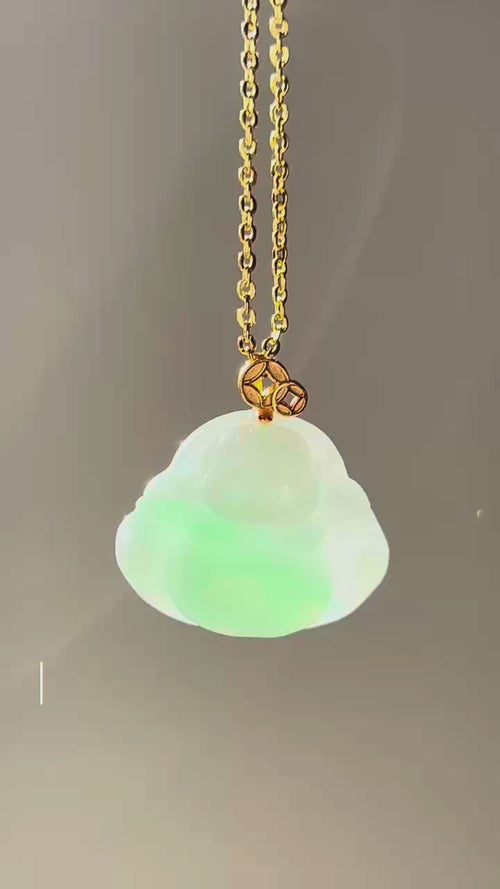 Apple green jade Laughing Buddha pendant in gold-plated sterling silver, video 2 - Luxe Jadeite