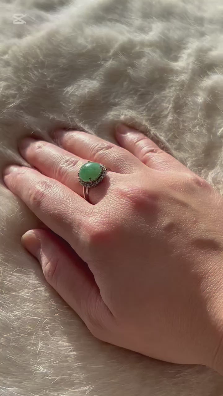 Apple green Burmese jade cabochon ring in sterling silver with moissanite, video 2 - Luxe Jadeite