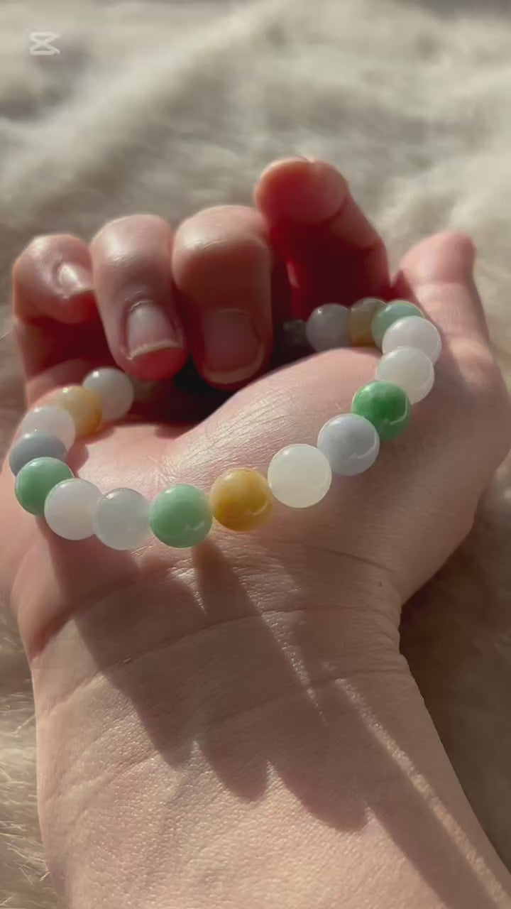Vibrant macaron-colour Burmese jadeite bead bracelet, video 3 - Luxe Jadeite